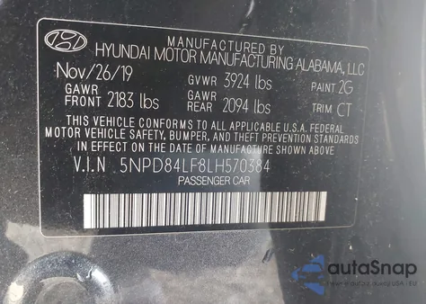 2020 Hyundai Elantra Sel z USA, uszkodzony, nr VIN 5NPD84LF8LH570384